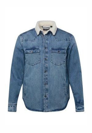 Jeanshemd mit einem Kunstfellkragen, zwei Brusttaschen, durchgehender Knopfleiste, langen Ärmeln, hellblauer Waschung und einem leicht geschwungenen Saum.