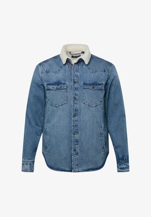 Denim shirt with a shearling collar, two chest pockets, button-up front, long sleeves, light blue wash, and a slightly curved hem.