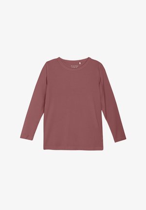 Duga majica s dugim rukavima u blijedoružičastoj boji, okrugli izrez, glatka tekstura i delikatni valoviti detalji oko ovratnika.