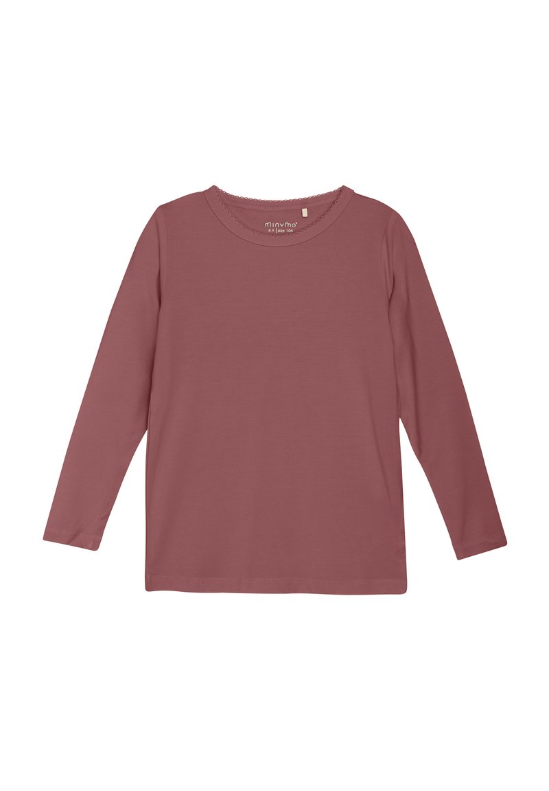 Langarm-T-Shirt in staubrosa mit Rundhalsausschnitt, glatter Textur und zarten gewellten Details am Kragen.