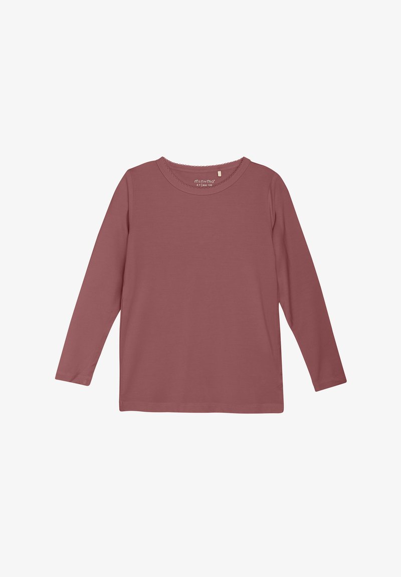 Garais piedurkņu T-krekls putekļrožu krāsā ar apaļu dekoltē, gludu tekstūru un smalku viļņotu apdari ap apkakli.