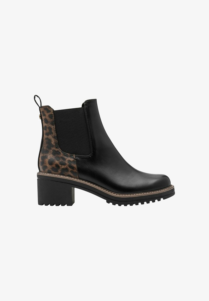 Bottines en cuir noir avec un panneau latéral en élastique à imprimé léopard, une semelle épaisse noire et une languette pour un enfilage facile.