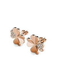 Orecchini in oro rosa a quadrifoglio che presentano metallo lucido, cristalli trasparenti scintillanti e una chiusura a farfalla.