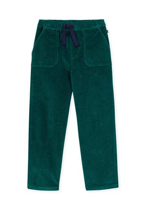 Grüne Cordhosen mit elastischem Bund und navyblauem Kordelzug, mit vorderen aufgesetzten Taschen und geraden Beinen.