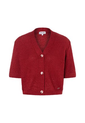 Roter strukturierter gestrickter Cropped-Cardigan mit kurzen Ärmeln und drei Knöpfen vorne.
