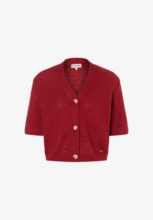 Roter strukturierter gestrickter Cropped-Cardigan mit kurzen Ärmeln und drei Knöpfen vorne.