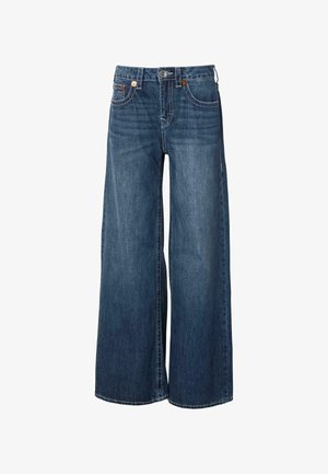 Platas kājas džinsi, izgatavoti no tumši zilas džinsa auduma, ar augstu vidukli, piecām kabatām un kontrastējošām šuvju detaļām.