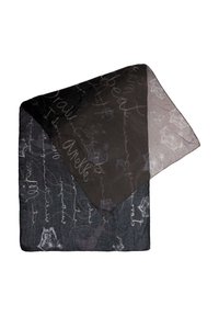 Foulard carré en voile noir avec écriture cursive et motifs floraux abstraits superposés pour montrer une texture translucide.