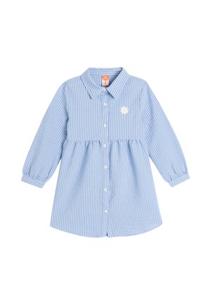 Vestido de camisa a rayas azul y blanco con mangas largas, cuello, cierre de botones en la parte frontal y bordado de margarita blanca en el pecho.