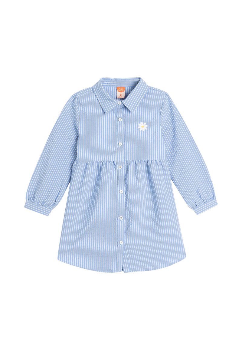Abito camicia a righe blu e bianche con maniche lunghe, colletto, chiusura con bottoni e ricamo di margherita bianca sul petto.