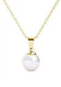 Collana in oro con un pendente a forma di perla bianca tonda. La perla ha una superficie liscia e lucida con un semplice cappuccio d'oro.
