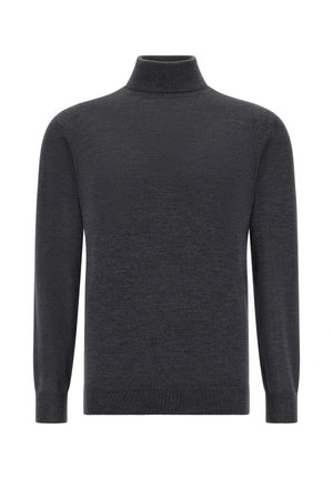 Pull à col roulé gris foncé en tissu doux, avec des manches longues et des bords côtes aux poignets et à l'ourlet. Design simple avec une coupe classique.