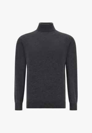 Temno sivi pulover s turtleneck ovratom, narejen iz mehkega materiala, z dolgimi rokavi ter rebrastimi manšetami in robom. Preprost dizajn s klasičnim krojem.