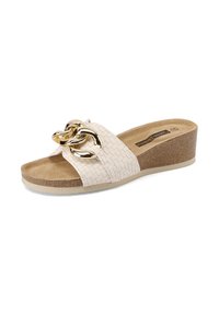 Infradito bianchi con superiore testurizzato e intrecciato e un accento in catena dorata. Presentano una suola in sughero e un plantare morbido e imbottito.