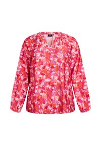 Bluzka z długim rękawem, dekoltem w kształcie V w jaskrawym różu z kwiatowym wzorem w odcieniach czerwieni, różu i bieli; lekki materiał z marszczonymi rękawami.