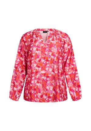 Langärmlige Bluse mit V-Ausschnitt in leuchtendem Pink mit floralem Muster in Rottönen, Pink und Weiß; leichtes Material mit gerafften Ärmeln.