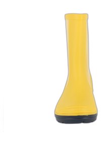 Geel rubberen regenlaars met een gladde, glanzende afwerking, voorzien van een ronde neus en een marineblauwe zool. Geen zichtbare patronen of hardware.