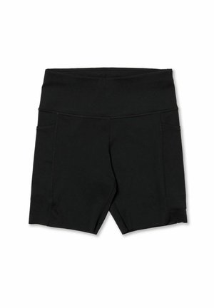 Juodi sportiniai šortai iš tamprios medžiagos, turintys aukštą liemens juostą, plokščias siūles ir du šoninius kišenes. Trumpas, aptemptas dizainas.