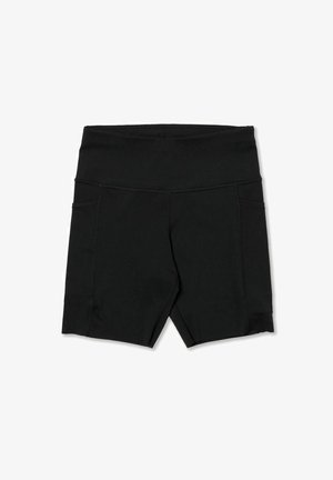 Juodi sportiniai šortai iš tamprios medžiagos, turintys aukštą liemens juostą, plokščias siūles ir du šoninius kišenes. Trumpas, aptemptas dizainas.