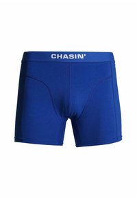 Modre bokserice iz gladkega, raztegljivega materiala. Imajo bel pas z napisom "CHASIN'" in sprednji šiv, ki izboljšuje prileganje.