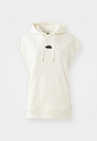 Hemd ohne Ärmel mit Kapuze in Creme, aus einem weichen Baumwollmischgewebe gefertigt. Verfügt über eine Fronttasche und ein kleines schwarzes Logo-Patch auf der Brust.