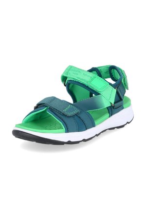 Sandale de sport avec brides réglables turquoise et vertes, semelle intérieure verte rembourrée et semelle blanche avec semelle extérieure noire, vue en angle pour montrer le côté et le dessus.