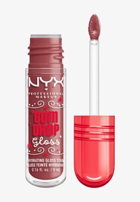 Gloss à lèvres NYX Gum Drop dans un tube transparent avec un bouchon rouge. Le gloss est d'une teinte rose douce, équipé d'un applicateur mousse pour une application facile.