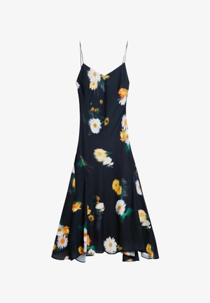 Blumenkleid mit schwarzem Hintergrund, verziert mit großen weißen Gänseblümchen und orangefarbenen Akzenten, aus leichtem Stoff mit Spaghettiträgern.