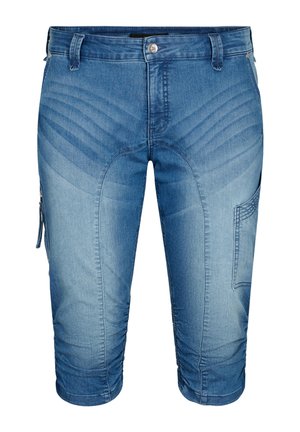 Denim shorts in light blue with a smooth texture, featuring a zippered side pocket and stitched accents on the knees and sides.