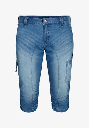 Denim kratke hlače v svetlo modri barvi z gladko teksturo, z žepom na zadrgo na strani in šivanimi detajli na kolenih in straneh.