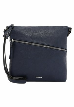 Donkerblauwe leren crossbodytas met diagonaal voorvak met rits, bijpassende riem en klein zilver logo nabij het onderste midden.