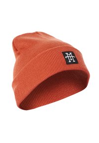 Orange beanie hat made from ribbed knit material, featuring a fold-over cuff and a black label with white logo on the side.