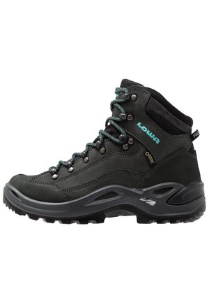 Wanderschuhe aus schwarzem Leder und synthetischem Material, mit türkisfarbenen Schnürsenkeln, Metall-Ösen und einer strukturierten Gummisohle für Halt.