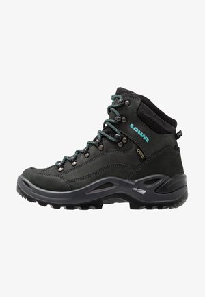 Bottes de randonnée en cuir noir et en matériau synthétique, dotées de lacets teal, d'œillets en métal et d'une semelle en caoutchouc texturé pour une meilleure traction.