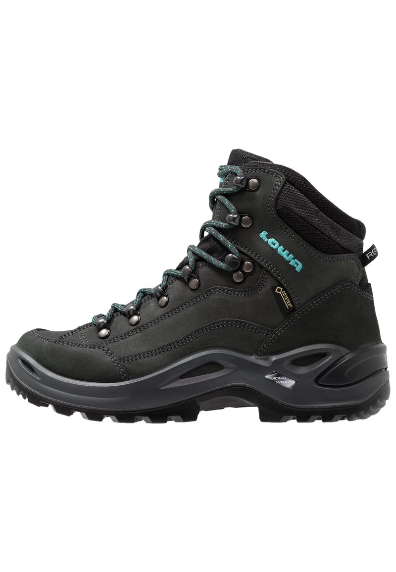 Wanderschuhe aus schwarzem Leder und synthetischem Material, mit türkisfarbenen Schnürsenkeln, Metall-Ösen und einer strukturierten Gummisohle für Halt.