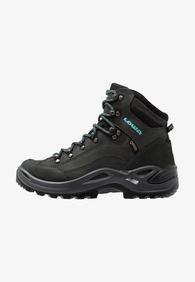 Hiking boots made of black leather and synthetic material, featuring teal laces, metal eyelets, and a textured rubber sole for traction.