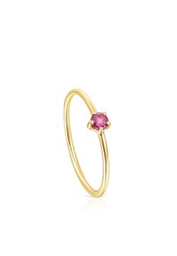 Anello d'oro con una fascia sottile e una pietra preziosa rosa incastonata in un montaggio a sei griffe, design semplice e liscio.