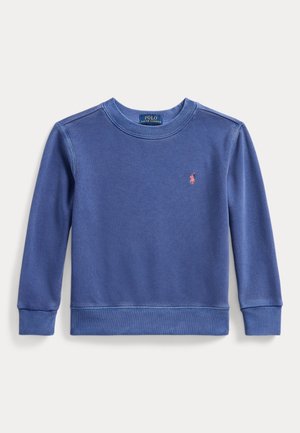 Sudadera azul de manga larga con cuello redondo, puños y dobladillo acanalados, con pequeño logo de Polo Ralph Lauren bordado en rosa en el pecho.