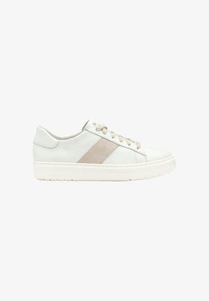 White low-top leather sneaker with beige suede side stripe, beige laces, and a thick white sole.