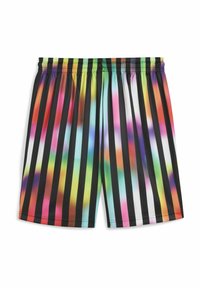 Multifarvede shorts med vertikale sorte striber og et gradientmønster i nuancer af rød, pink, grøn og blå. Elastisk talje synlig.
