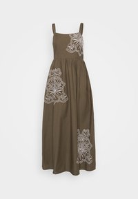 Robe maxi kaki avec broderie florale blanche sur le devant, dotée de fines bretelles et d'une jupe évasée.