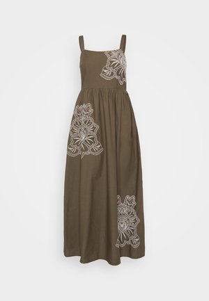 Khaki maxi dress featuring white floral embroidery on the front, with thin shoulder straps and a flowing A-line skirt.