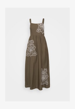 Khaki maxi dress featuring white floral embroidery on the front, with thin shoulder straps and a flowing A-line skirt.