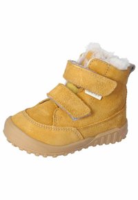 Bota de tobillo amarilla de ante para niño con dos tiras de Velcro, forro de pelo sintético blanco, suela de goma y detalles de costura reforzada.