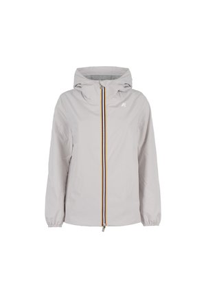 Giacca grigia chiara con cappuccio, dotata di una zip frontale con righe multicolori, polsini elasticizzati e un logo minimalista sul petto.