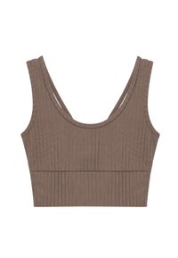 Brązowy prążkowany bezrękawnik w stylu crop top z okrągłym dekoltem i szerokimi ramiączkami, leżący na białym tle.