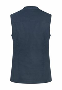 Ärmelloses, navyblaues Hemd mit geradem Schnitt, aus glattem Stoff gefertigt, mit spitzen Kragen und einem schlichten Rückendesign.