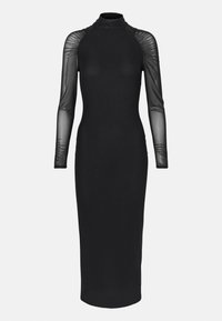 Robe longue noire avec un col montant, une silhouette ajustée et des manches longues transparentes froncées aux épaules et aux poignets.