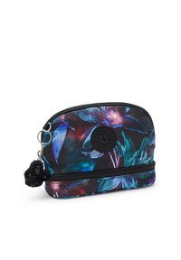 Black floral pattern pouch with hues of blue and purple, zip closure, round logo accent, and a black pom-pom keychain attached.