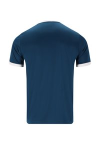 Marinblå tränings-T-shirt med en mjuk textur, med vita detaljer vid kragen och ärmsluten. Klassisk passform utan grafik.